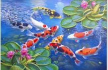 Tranh Sơn Dầu Cửu Ngư Quần Hội: Ý Nghĩa Phong Thủy & Lợi Ích Khi Treo Trong Nhà