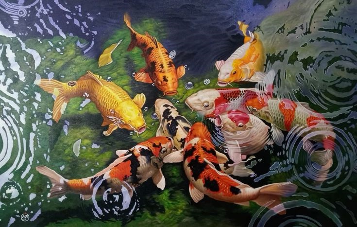 tranh sơn dầu phong thủy cửu ngư quần hội - Vẽ tranh tường NU