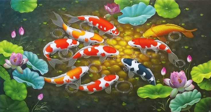 tranh sơn dầu phong thủy cửu ngư quần hội - Vẽ tranh tường NU