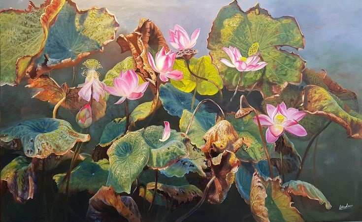 Tranh sơn dầu hoa sen - Vẽ tranh tường NU