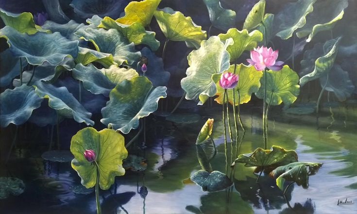 Tranh sơn dầu hoa sen - Vẽ tranh tường NU