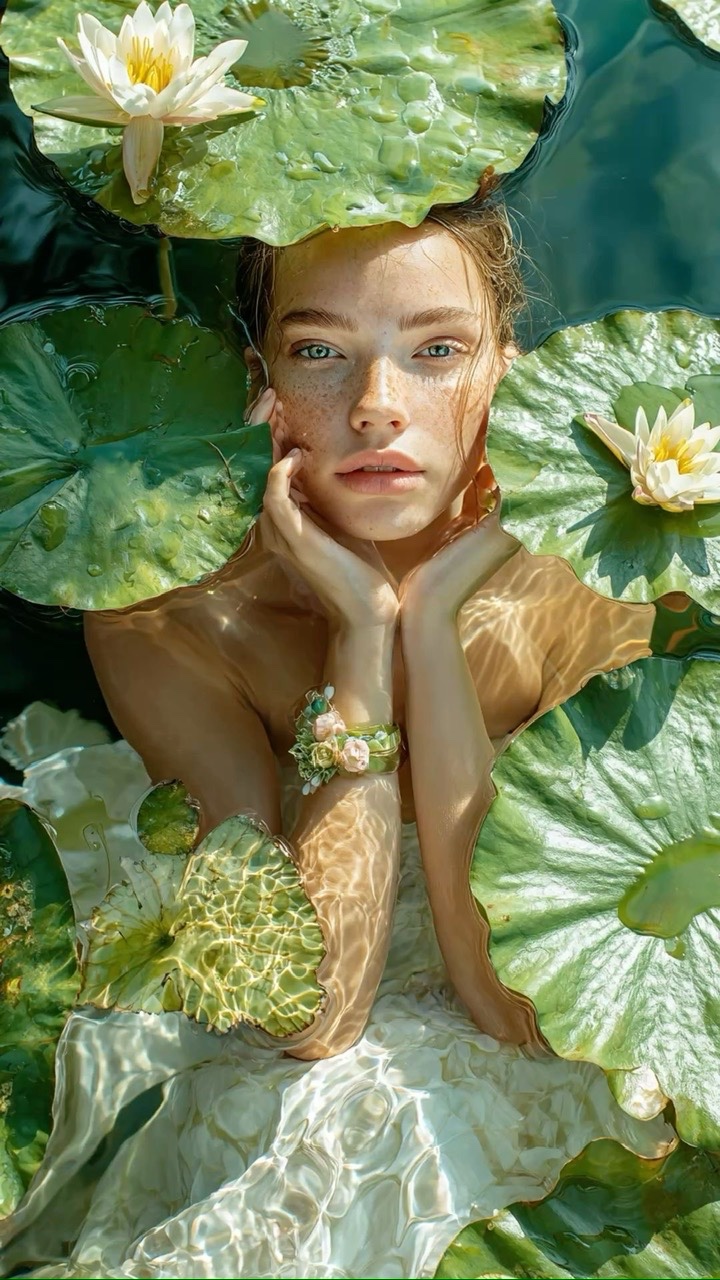 tranh thiếu nữ thư giãn bên hoa súng